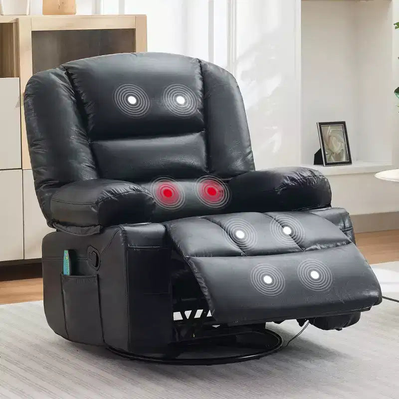 Fauteuil inclinable pivotant à 360° avec chauffage et massage, fauteuil inclinable à bascule manuel, porte-gobelets et poches de rangement, tissu chenille/cuir PU pour salon et chambre à coucher