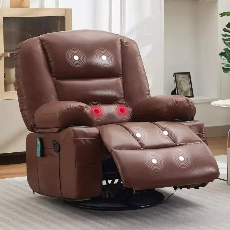 Fauteuil inclinable pivotant à 360° avec chauffage et massage, fauteuil inclinable à bascule manuel, porte-gobelets et poches de rangement, tissu chenille/cuir PU pour salon et chambre à coucher