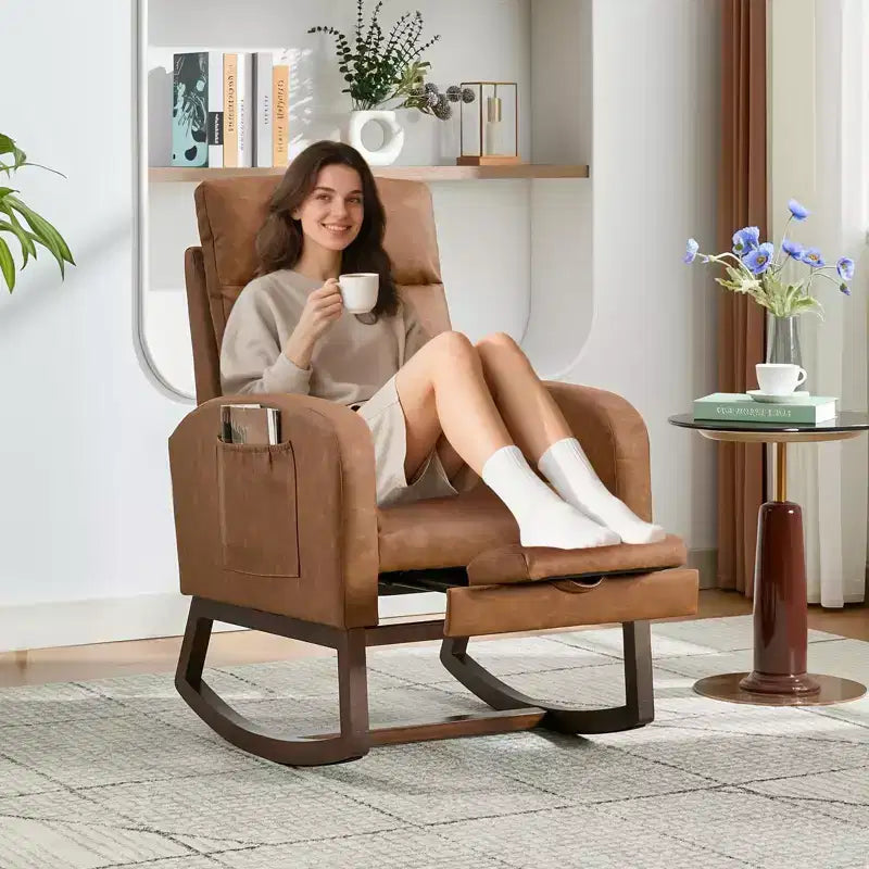 Lot de 2 fauteuils à bascule, fauteuils à bascule rembourrés, dossier haut, tissu doux en forme d'ours, repose-pieds réglable, fauteuil à bascule pour salon, chambre, marron
