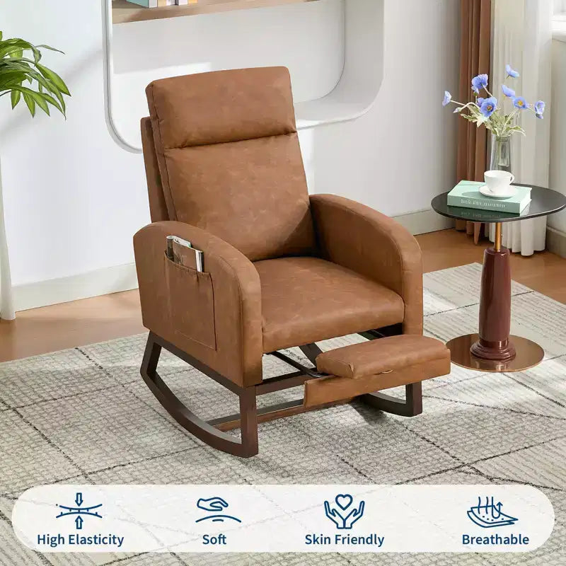 Lot de 2 fauteuils à bascule, fauteuils à bascule rembourrés, dossier haut, tissu doux en forme d'ours, repose-pieds réglable, fauteuil à bascule pour salon, chambre, marron