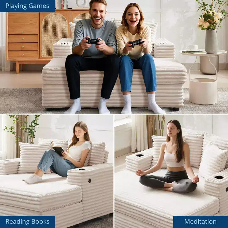 Fauteuil Chaise Longue Surdimensionné d'Intérieur, Canapé Lounge en Velours Côtelé, Porte-Gobelets et Coussins Décoratifs, pour la Maison, la Chambre, le Bureau