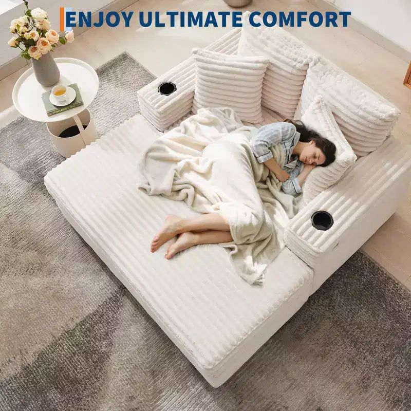 Fauteuil Chaise Longue Surdimensionné d'Intérieur, Canapé Lounge en Velours Côtelé, Porte-Gobelets et Coussins Décoratifs, pour la Maison, la Chambre, le Bureau