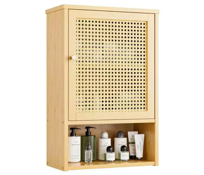 Bamboo Bathroom Wall Cabinet with Rattan Doors, Over Toilet Storage with Adjustable Shelf, Space-Saving Medicine Cabinet for Kitchen Living Room