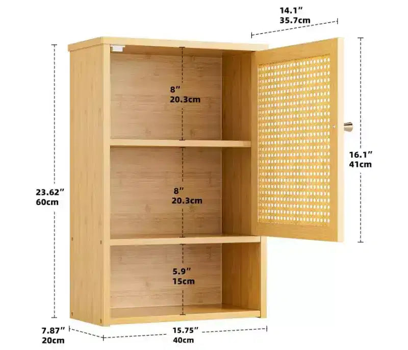 Meuble haut de salle de bain en bambou avec portes en rotin, meuble de rangement au-dessus des toilettes avec étagère réglable, armoire à pharmacie peu encombrante pour cuisine salon