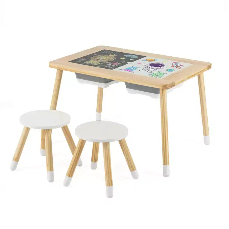 Table sensorielle avec 2 tabourets, plateaux de table double face détachables et 2 bacs de rangement