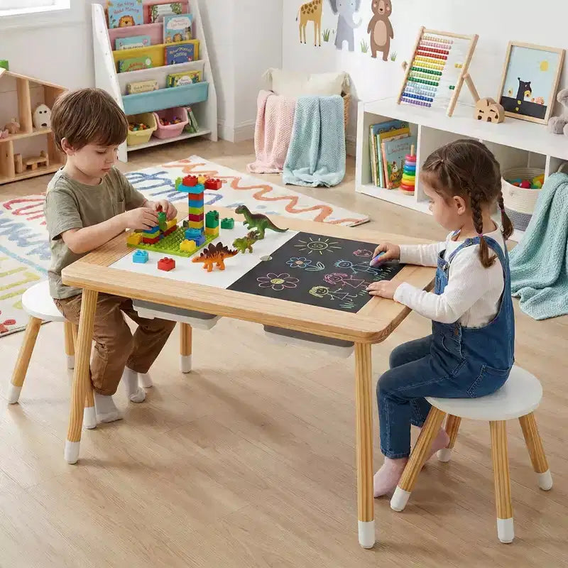 Table sensorielle avec 2 tabourets, plateaux de table double face détachables et 2 bacs de rangement