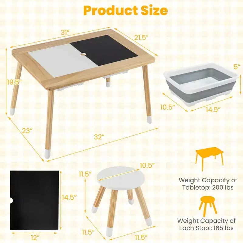 Table sensorielle avec 2 tabourets, plateaux de table double face détachables et 2 bacs de rangement