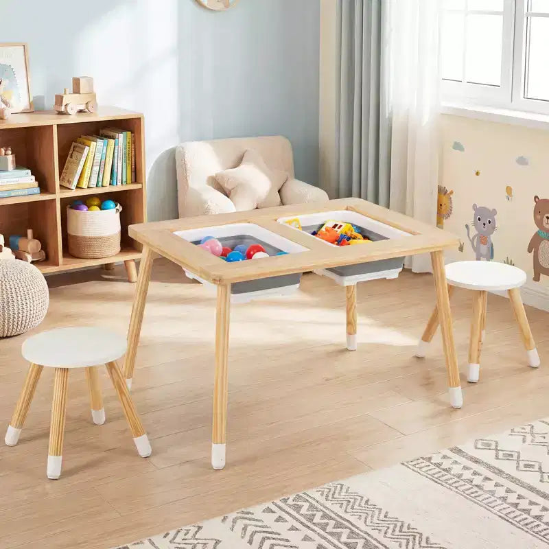 Table sensorielle avec 2 tabourets, plateaux de table double face détachables et 2 bacs de rangement