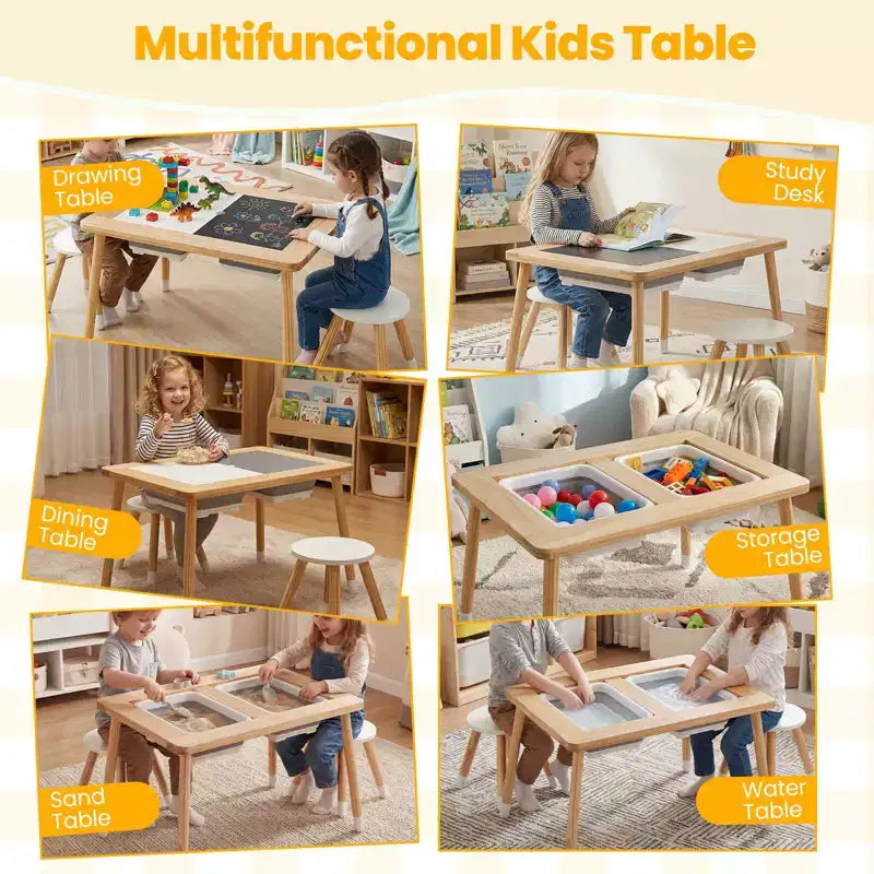 Table sensorielle avec 2 tabourets, plateaux de table double face détachables et 2 bacs de rangement