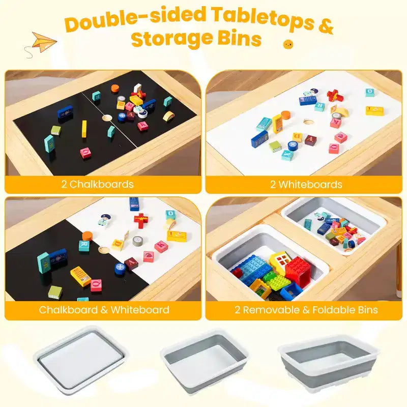 Table sensorielle avec 2 tabourets, plateaux de table double face détachables et 2 bacs de rangement