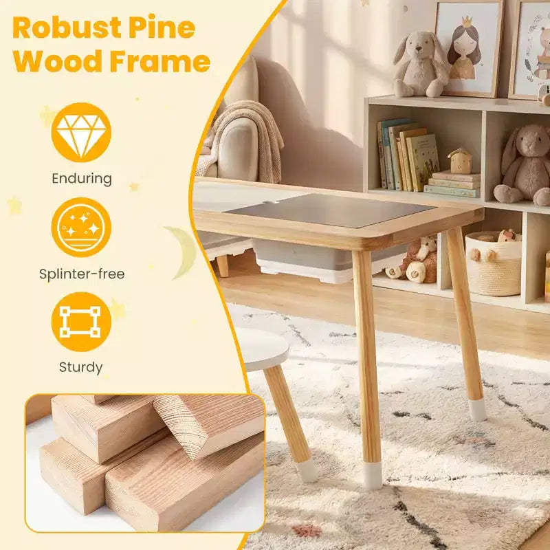Table sensorielle avec 2 tabourets, plateaux de table double face détachables et 2 bacs de rangement