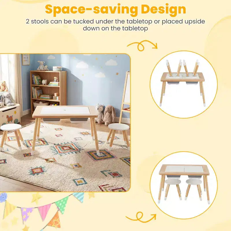 Table sensorielle avec 2 tabourets, plateaux de table double face détachables et 2 bacs de rangement