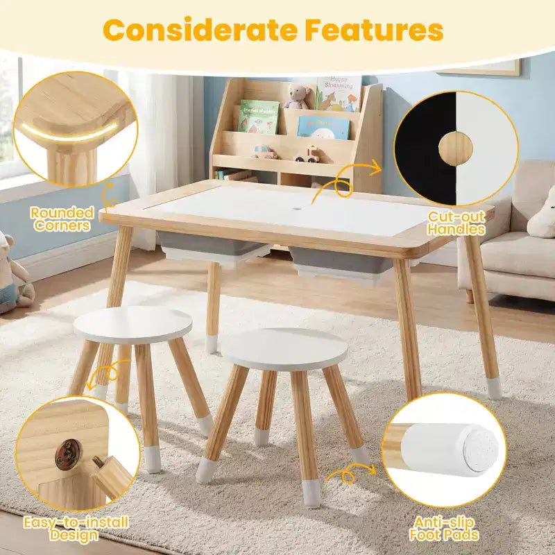 Table sensorielle avec 2 tabourets, plateaux de table double face détachables et 2 bacs de rangement