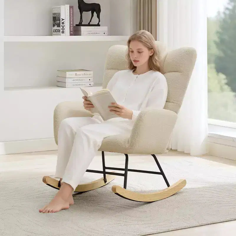 Fauteuil à bascule rembourré à dossier haut pour salon, chambre et bureau, fauteuil inclinable confortable, tissu polaire doux, sans ottoman