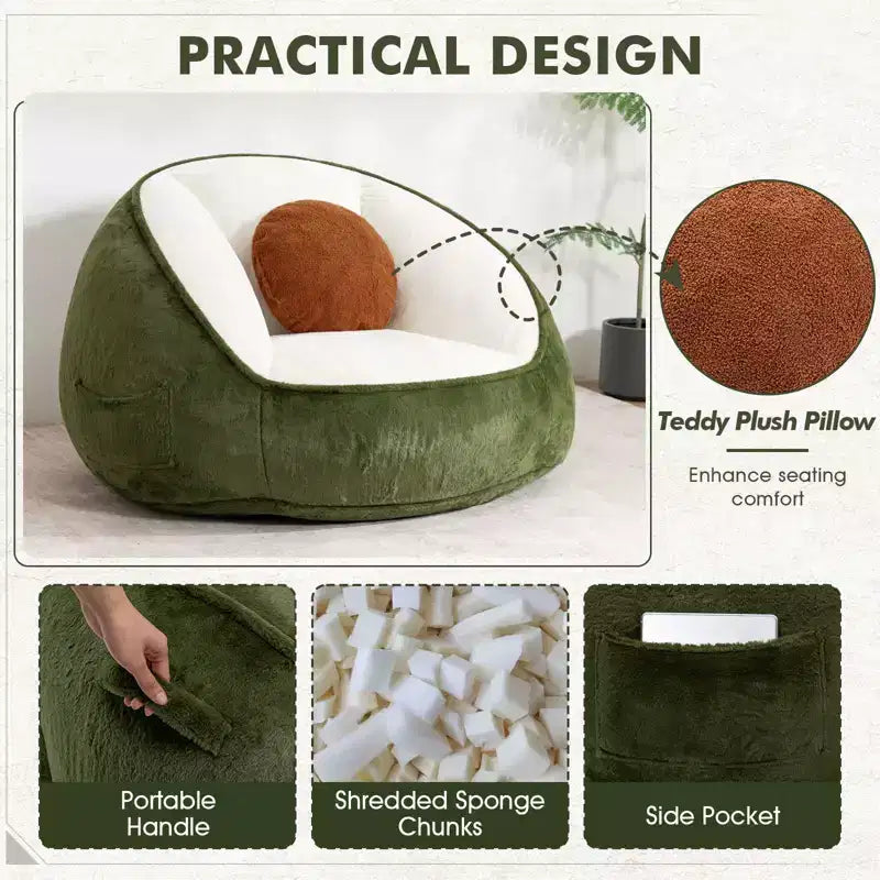 Hommpa Fauteuil poire ergonomique avocat vert avec fausse fourrure et mousse à mémoire de forme – Cadeau idéal pour adultes