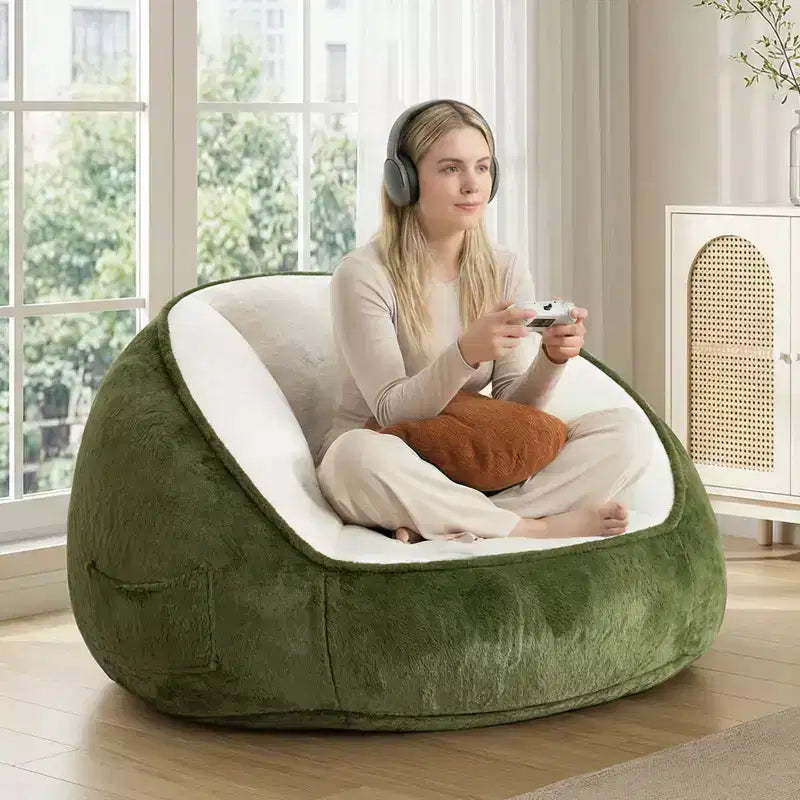 Hommpa Fauteuil poire ergonomique avocat vert avec fausse fourrure et mousse à mémoire de forme – Cadeau idéal pour adultes