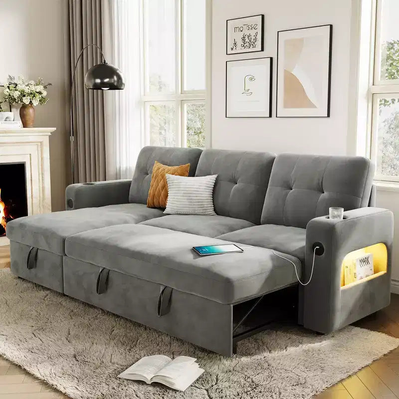 Canapé-lit d'angle réversible en velours 84 po – Canapé sectionnel convertible avec rangement, station de recharge et lumières DEL pour salon