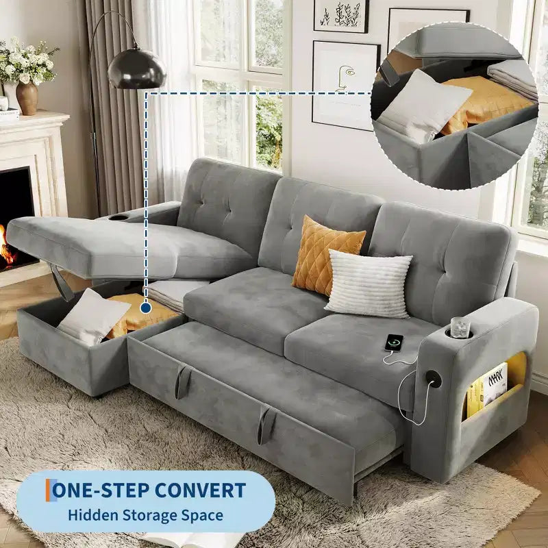 Canapé-lit d'angle réversible en velours 84 po – Canapé sectionnel convertible avec rangement, station de recharge et lumières DEL pour salon