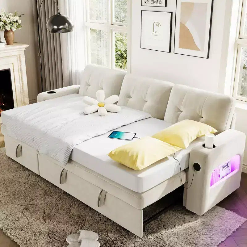 Canapé-lit d'angle réversible en velours 84 po – Canapé sectionnel convertible avec rangement, station de recharge et lumières DEL pour salon