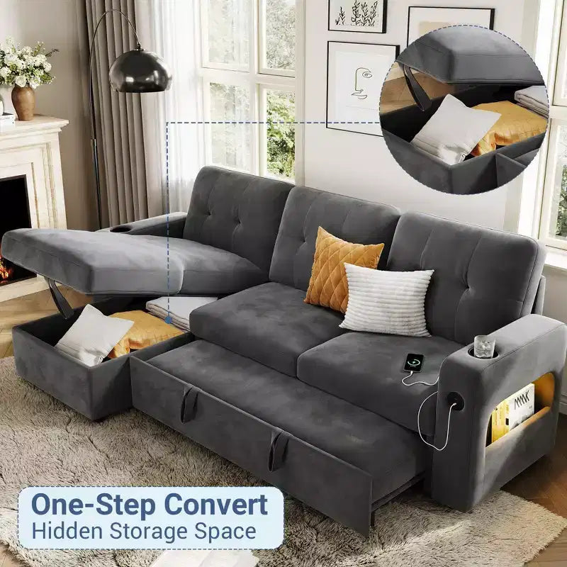 Canapé-lit d'angle réversible en velours 84 po – Canapé sectionnel convertible avec rangement, station de recharge et lumières DEL pour salon