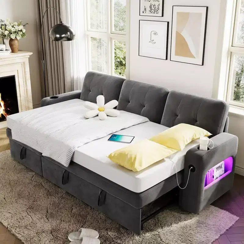 Canapé-lit d'angle réversible en velours 84 po – Canapé sectionnel convertible avec rangement, station de recharge et lumières DEL pour salon