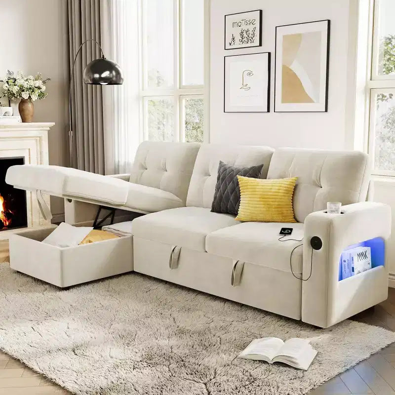 Canapé-lit d'angle réversible en velours 84 po – Canapé sectionnel convertible avec rangement, station de recharge et lumières DEL pour salon