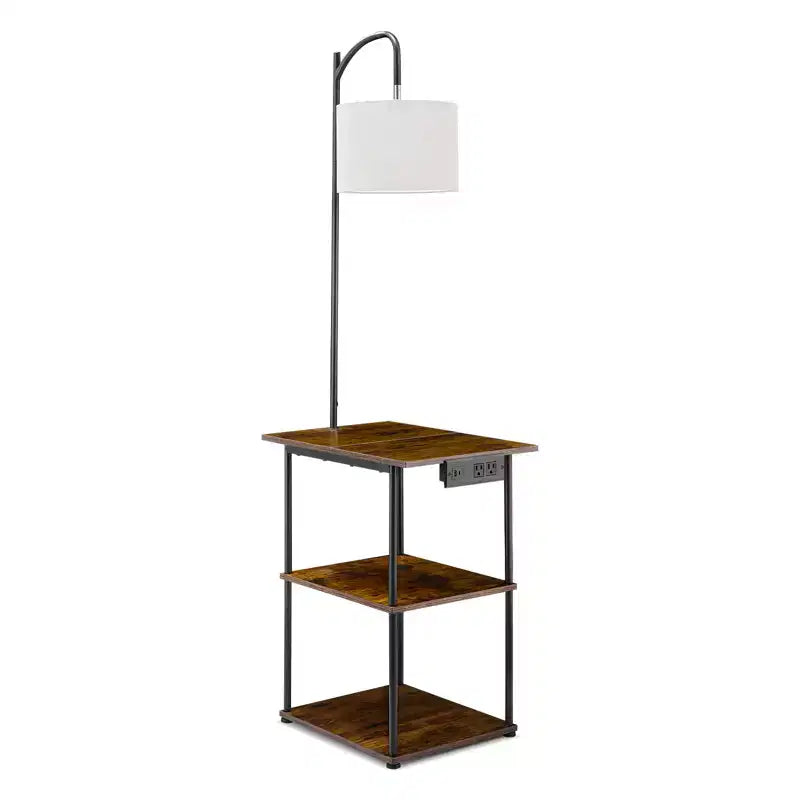 VEVOR Floor Lamp with Table, Narrow 3-Tier End Table with Open Shelves & 3 Color Temperature Lighting, USB & Type C & AC Charging Port,Brown & Black