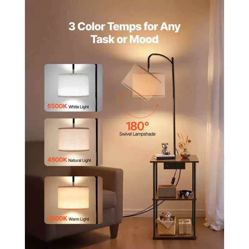 Lampadaire avec table, bout de canapé étroit à 3 niveaux avec étagères ouvertes et éclairage 3 températures de couleur, port de charge USB et type C et AC, marron et noir