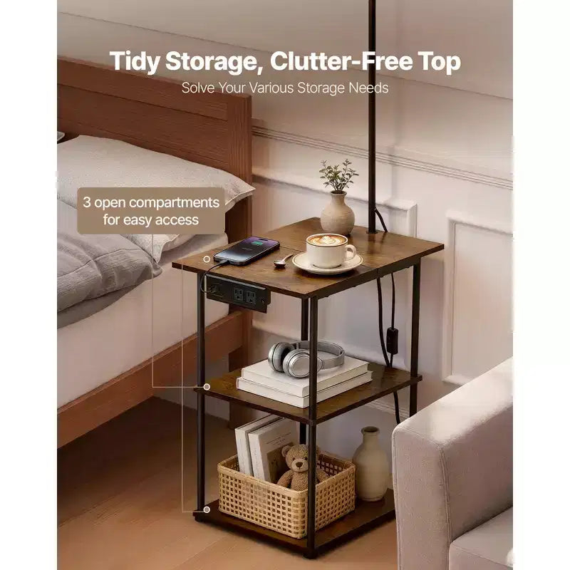 Lampadaire avec table, bout de canapé étroit à 3 niveaux avec étagères ouvertes et éclairage 3 températures de couleur, port de charge USB et type C et AC, marron et noir