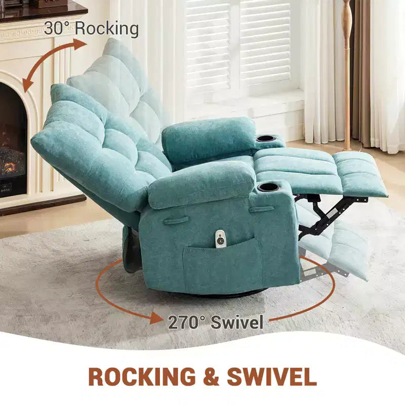Fauteuil inclinable pivotant et berçant avec fonction chauffante et massante - Fauteuil inclinable Lazy Boy à bascule à 360° avec porte-gobelets et poche latérale - Canapé individuel ergonomique, Bleu