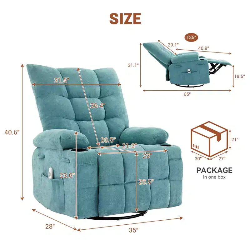Fauteuil inclinable pivotant et berçant avec fonction chauffante et massante - Fauteuil inclinable Lazy Boy à bascule à 360° avec porte-gobelets et poche latérale - Canapé individuel ergonomique, Bleu