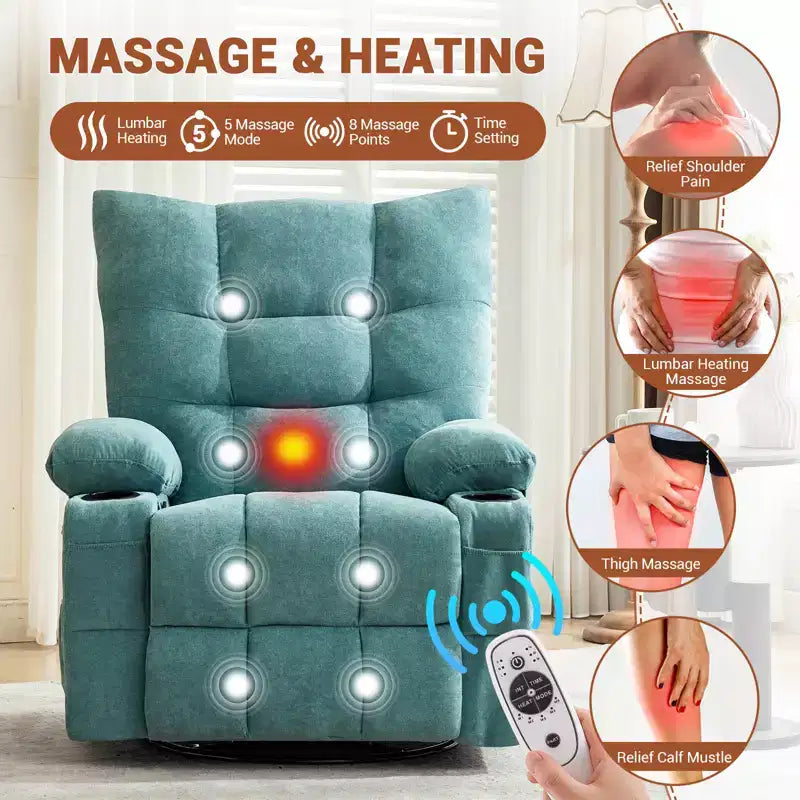 Fauteuil inclinable pivotant et berçant avec fonction chauffante et massante - Fauteuil inclinable Lazy Boy à bascule à 360° avec porte-gobelets et poche latérale - Canapé individuel ergonomique, Bleu