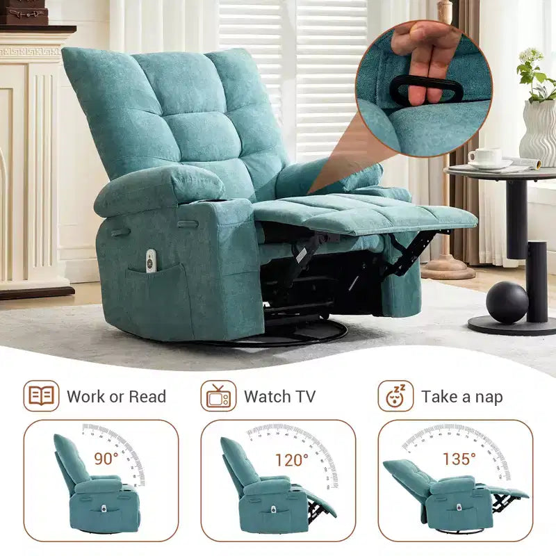 Fauteuil inclinable pivotant et berçant avec fonction chauffante et massante - Fauteuil inclinable Lazy Boy à bascule à 360° avec porte-gobelets et poche latérale - Canapé individuel ergonomique, Bleu