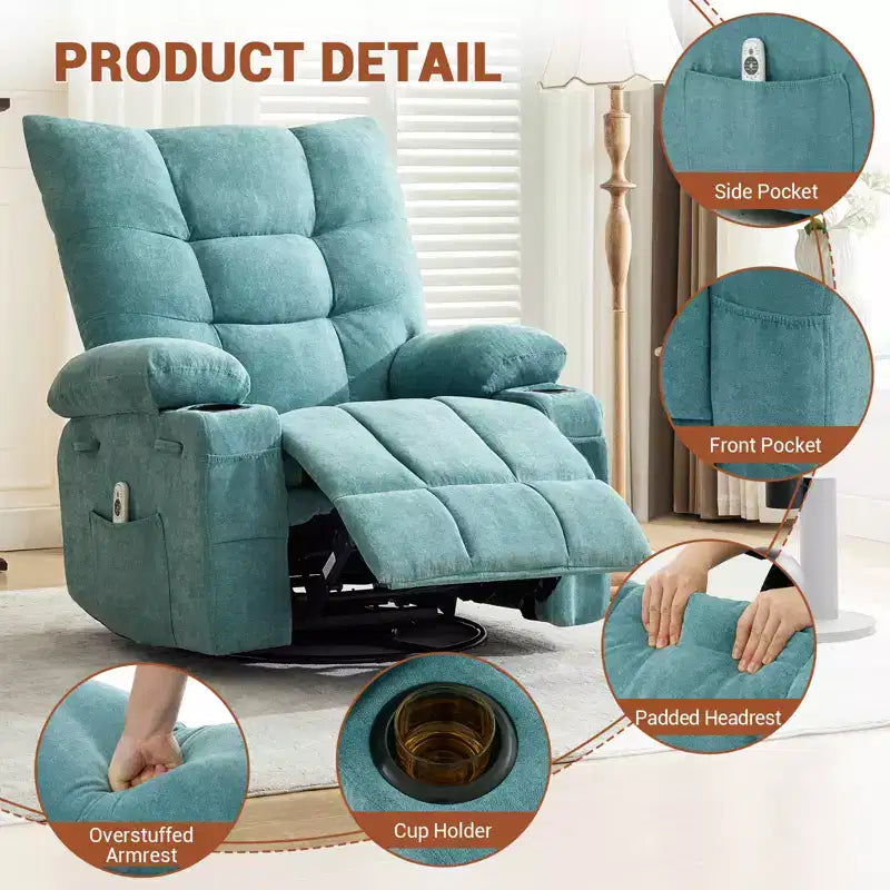 Fauteuil inclinable pivotant et berçant avec fonction chauffante et massante - Fauteuil inclinable Lazy Boy à bascule à 360° avec porte-gobelets et poche latérale - Canapé individuel ergonomique, Bleu