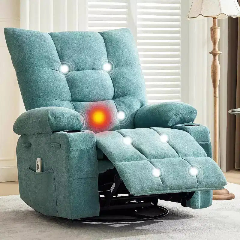 Fauteuil inclinable pivotant et berçant avec fonction chauffante et massante - Fauteuil inclinable Lazy Boy à bascule à 360° avec porte-gobelets et poche latérale - Canapé individuel ergonomique, Bleu
