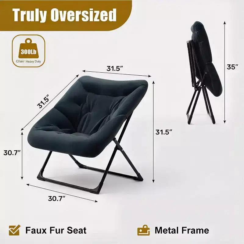 Fauteuil soucoupe extra-large en fausse fourrure, fauteuil de lecture pliable et confortable pour adultes et adolescents, bleu marine