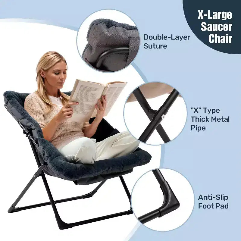 Fauteuil soucoupe extra-large en fausse fourrure, fauteuil de lecture pliable et confortable pour adultes et adolescents, bleu marine