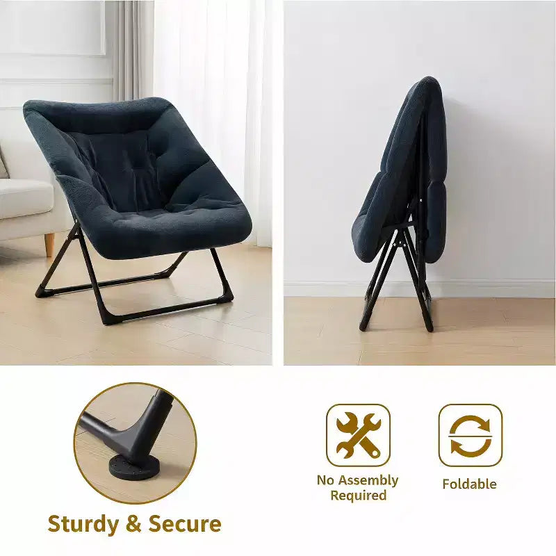Fauteuil soucoupe extra-large en fausse fourrure, fauteuil de lecture pliable et confortable pour adultes et adolescents, bleu marine