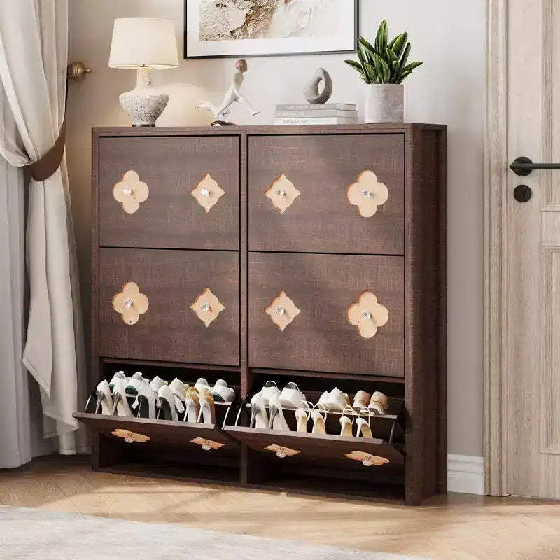 Meuble à Chaussures, Meuble de Rangement pour Chaussures avec Étagères Réglables et Rangement Ouvert, Motif Floral et Poignée Diamant, Meuble à Chaussures pour Entrée, Couloir