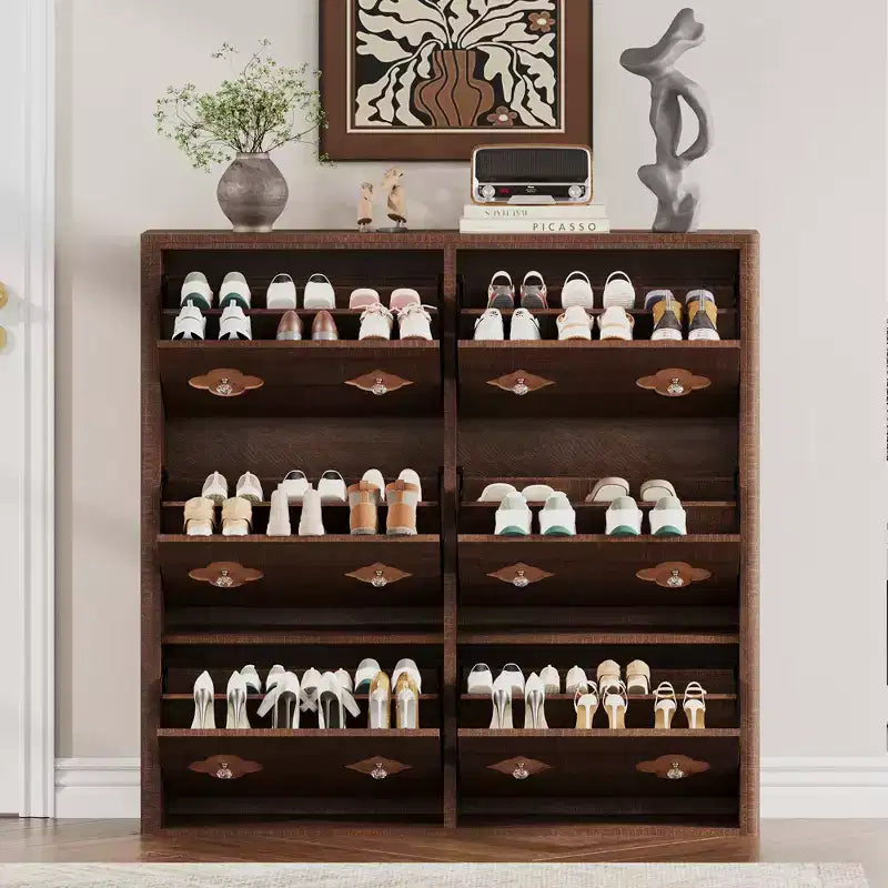 Meuble à Chaussures, Meuble de Rangement pour Chaussures avec Étagères Réglables et Rangement Ouvert, Motif Floral et Poignée Diamant, Meuble à Chaussures pour Entrée, Couloir