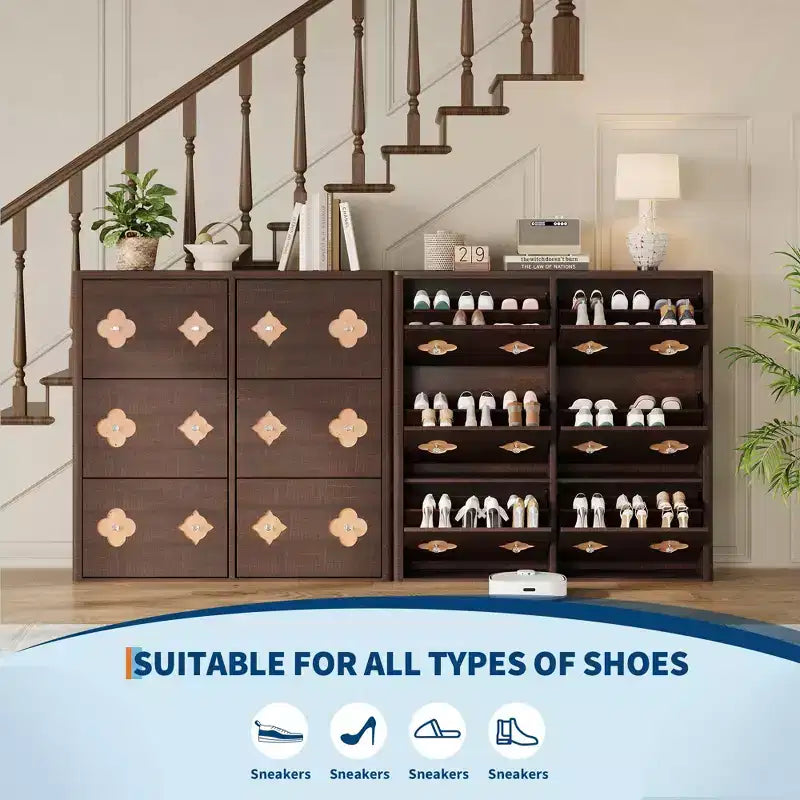 Meuble à Chaussures, Meuble de Rangement pour Chaussures avec Étagères Réglables et Rangement Ouvert, Motif Floral et Poignée Diamant, Meuble à Chaussures pour Entrée, Couloir