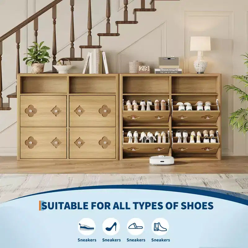 Meuble à Chaussures, Meuble de Rangement pour Chaussures avec Étagères Réglables et Rangement Ouvert, Motif Floral et Poignée Diamant, Meuble à Chaussures pour Entrée, Couloir