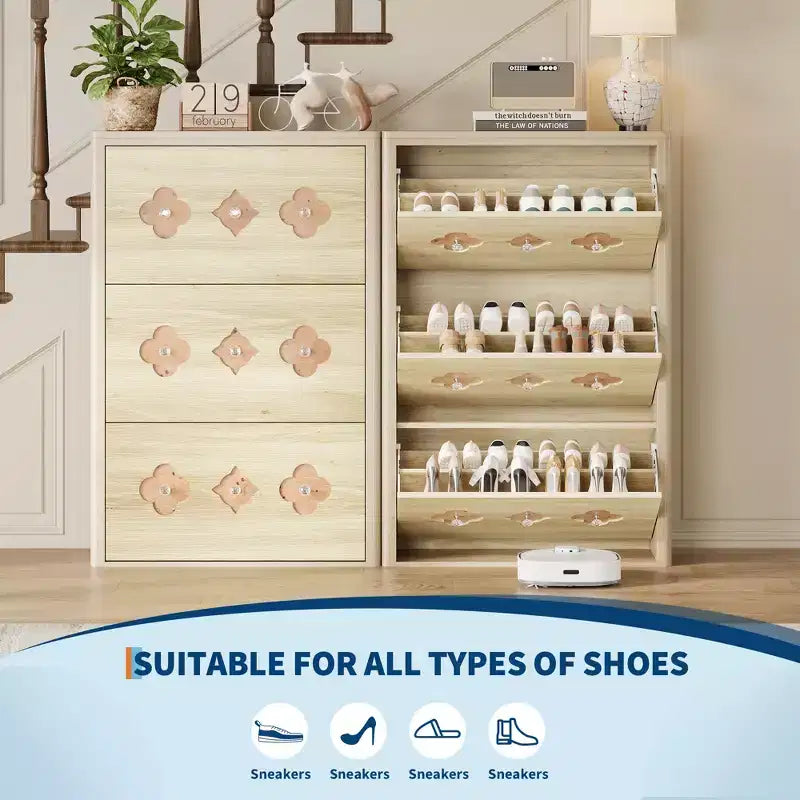 Meuble à Chaussures, Meuble de Rangement pour Chaussures avec Étagères Réglables et Rangement Ouvert, Motif Floral et Poignée Diamant, Meuble à Chaussures pour Entrée, Couloir
