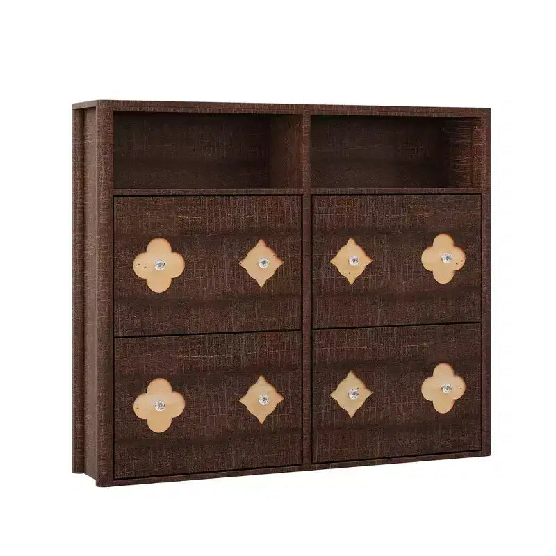 Shoe Cabinet, Shoe Storage Cabinet with Adjustable Shelves & Open Storage, Flower Pattern & Diamond Handle, Shoe Rack Cabinet for Entryway, Hallway