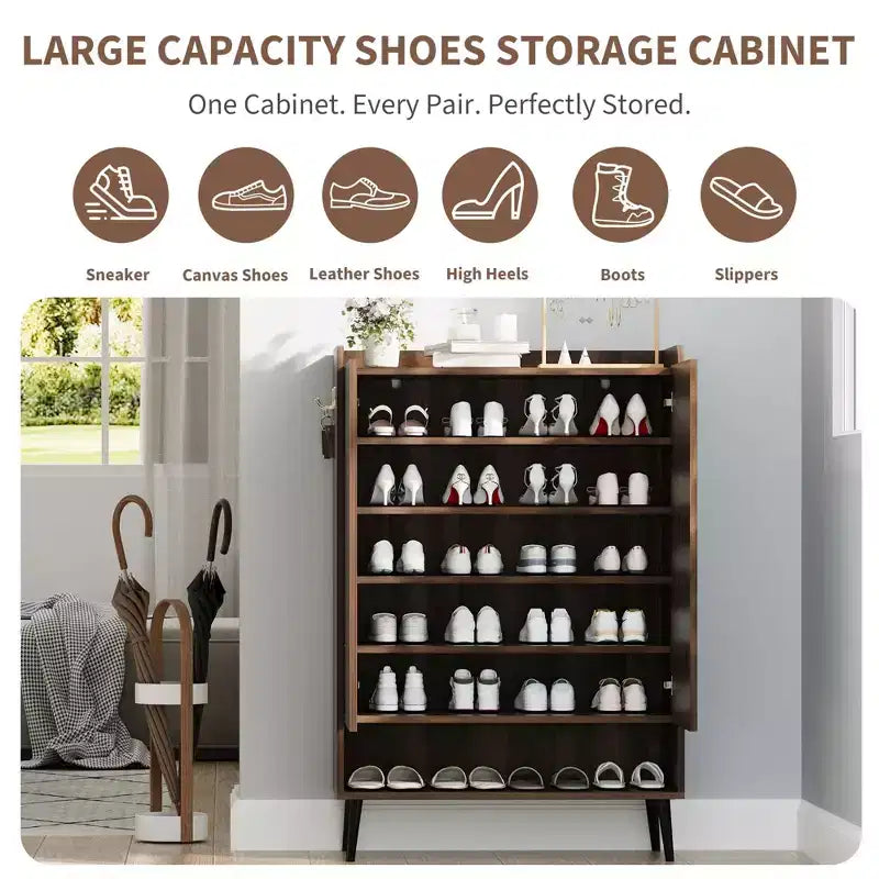 Meuble à chaussures avec portesOrganisateur de chaussures à 6 niveaux avec 2 portes et crochets supplémentaires pour couloir, entrée, salon, noir, lot de 2