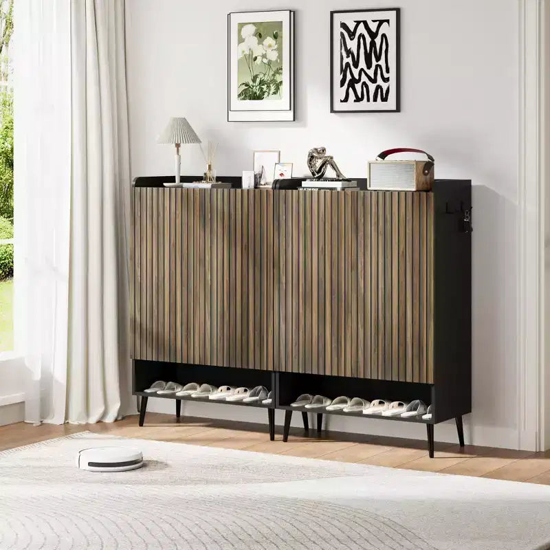 Meuble à chaussures avec portesOrganisateur de chaussures à 6 niveaux avec 2 portes et crochets supplémentaires pour couloir, entrée, salon, noir, lot de 2