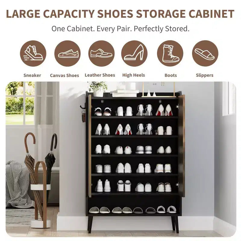 Meuble à chaussures avec portesOrganisateur de chaussures à 6 niveaux avec 2 portes et crochets supplémentaires pour couloir, entrée, salon, noir, lot de 2
