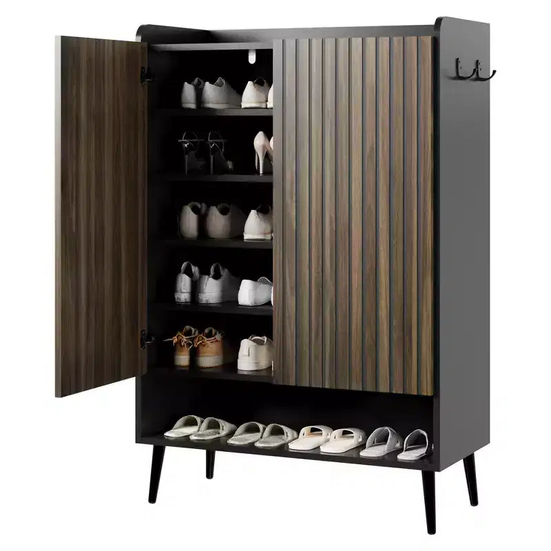 Meuble à chaussures avec portesOrganisateur de chaussures à 6 niveaux avec 2 portes et crochets supplémentaires pour couloir, entrée, salon, noir, lot de 2