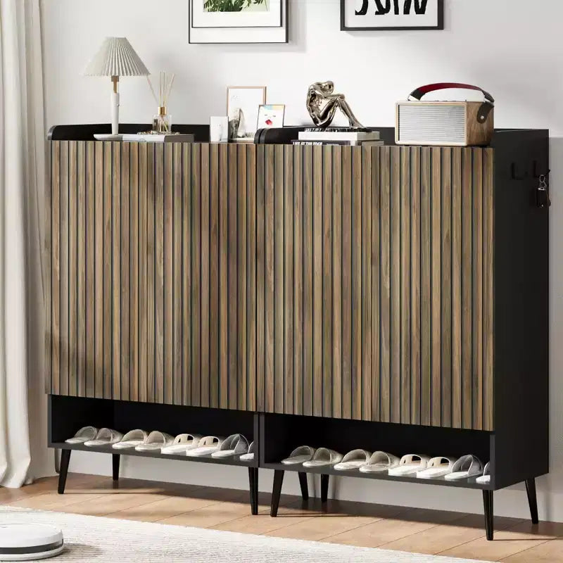 Shoe Cabinet with Doors6-Tier Shoe Organizer with 2 Doors & Additional Hooks for Hallway, Entryway, Living Room,Black Set of 2
