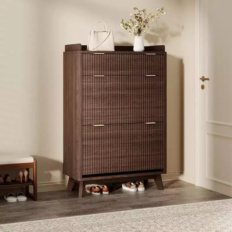 48 Tall Narrow Modern Fluted 2 Flip Shoe Cabinet, Wooden Shoe Rack Organizer with Storage Drawer & Adjustable Shelves for Entryway & Living Room